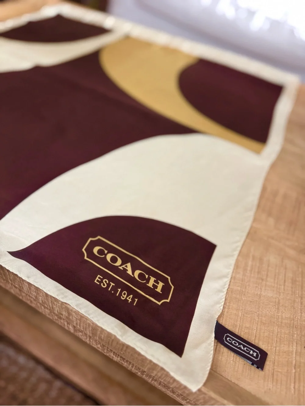 1990’s Vintage Coach Silk Logo Scarf Cream Geometric Block Print